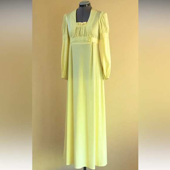 Vintage 1970s 60s Canary Yellow Bohemian Victorian Dress Night Gown S Small 4 6 - Picture 4 of 10